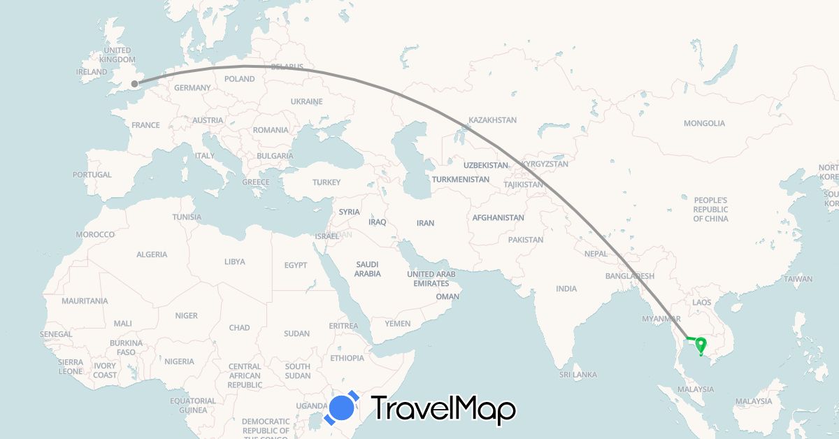 TravelMap itinerary: bus, plane in United Kingdom, Cambodia, Thailand (Asia, Europe)